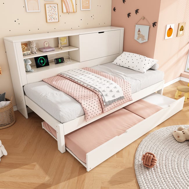 BENMWS Letto singolo, in legno massiccio di pino multifunzionale, con cassetto estraibile, comodino con ripiani con presa USB, letto per ragazzi 90 x 190 cm (grigio BENMWS Letto singolo, in legno massiccio di pino multifunzionale, con cassetto estraibile, comodino con ripiani con presa USB, letto per ragazzi 90 x 190 cm (grigio