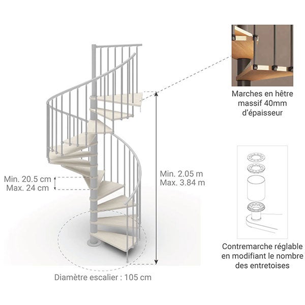 Escalier colimaçon 15 marches - Hauteur à franchir de 3.08m à 3.60m - Diamètre 1.05m - Structure blanche et marche blanchi - PHOLA105/SBMBLA-15 - 2