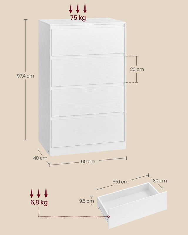 Commode Chambre 4 Tiroirs, Armoire de Rangement, Meuble à Vêtements, 40 x 60 x 97,4 cm, Style Moderne, Blanc Neige - 5