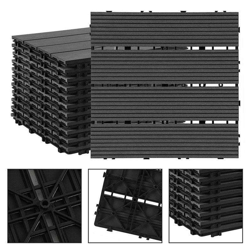 Zestaw 44 antracytowych płytek tarasowych WPC – format 30 x 30 cm, 4 listwy, łączone na zakładkę, do stosowania na zewnątrz