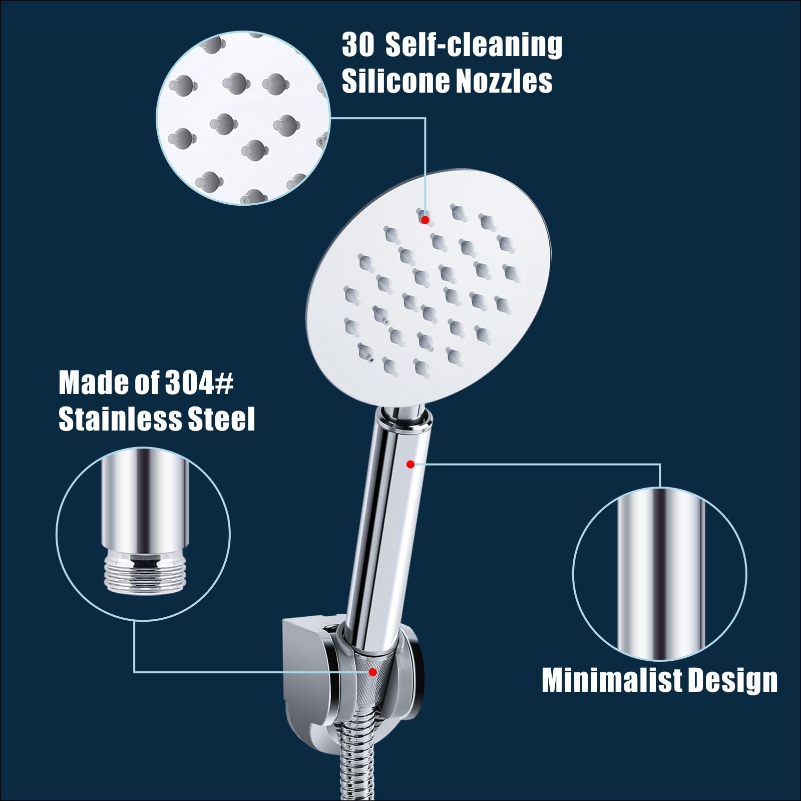 Aokilom Soffione Doccia bagno rotondo Doccia a Mano con 3 modalità di acqua, ugelli in silicone facili da pulire, finitura cromata