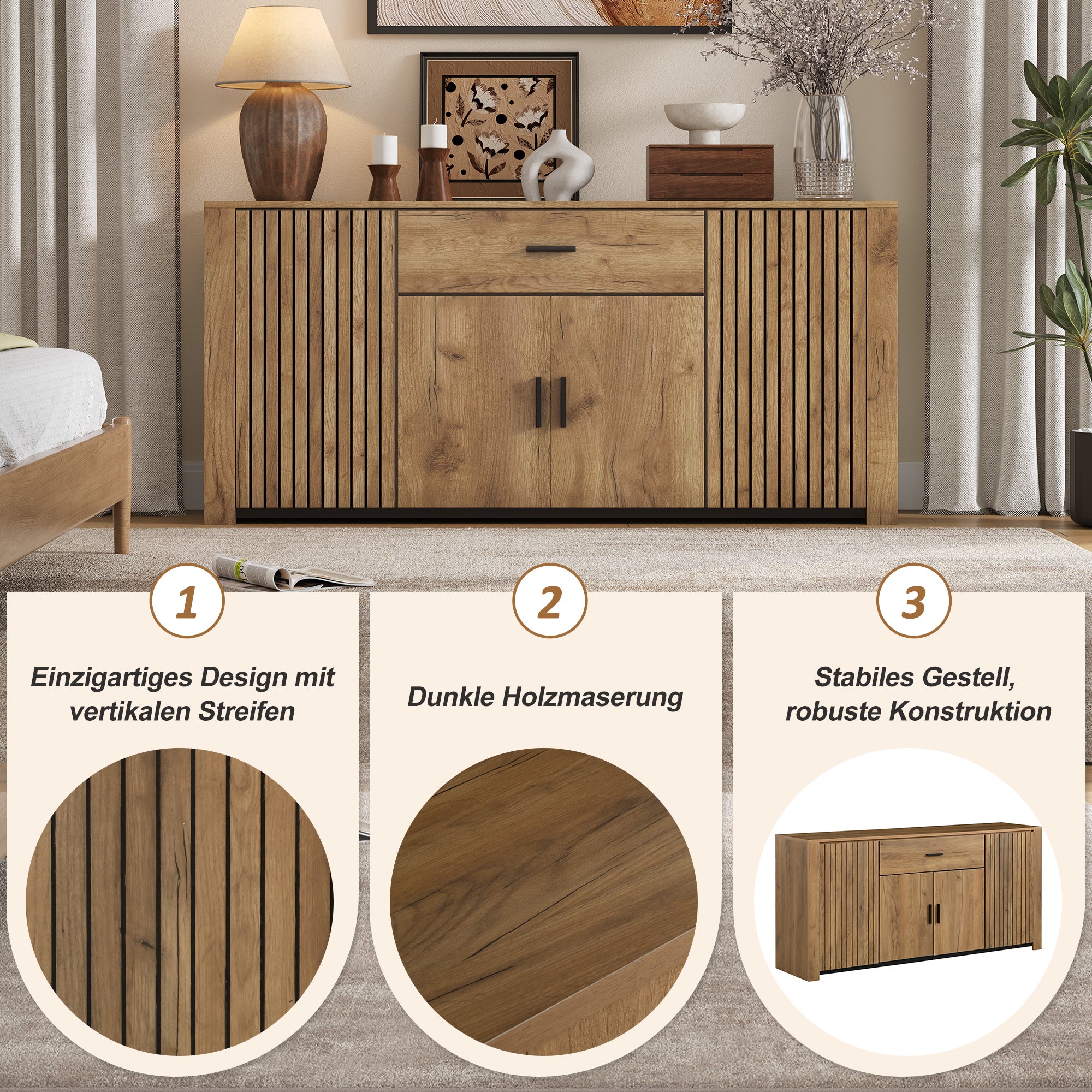 Buffet 160x40x75 cm - 4 portes et 1 tiroir - Étagères réglables - Finition bois - Panneaux de particules - Naturel - 5