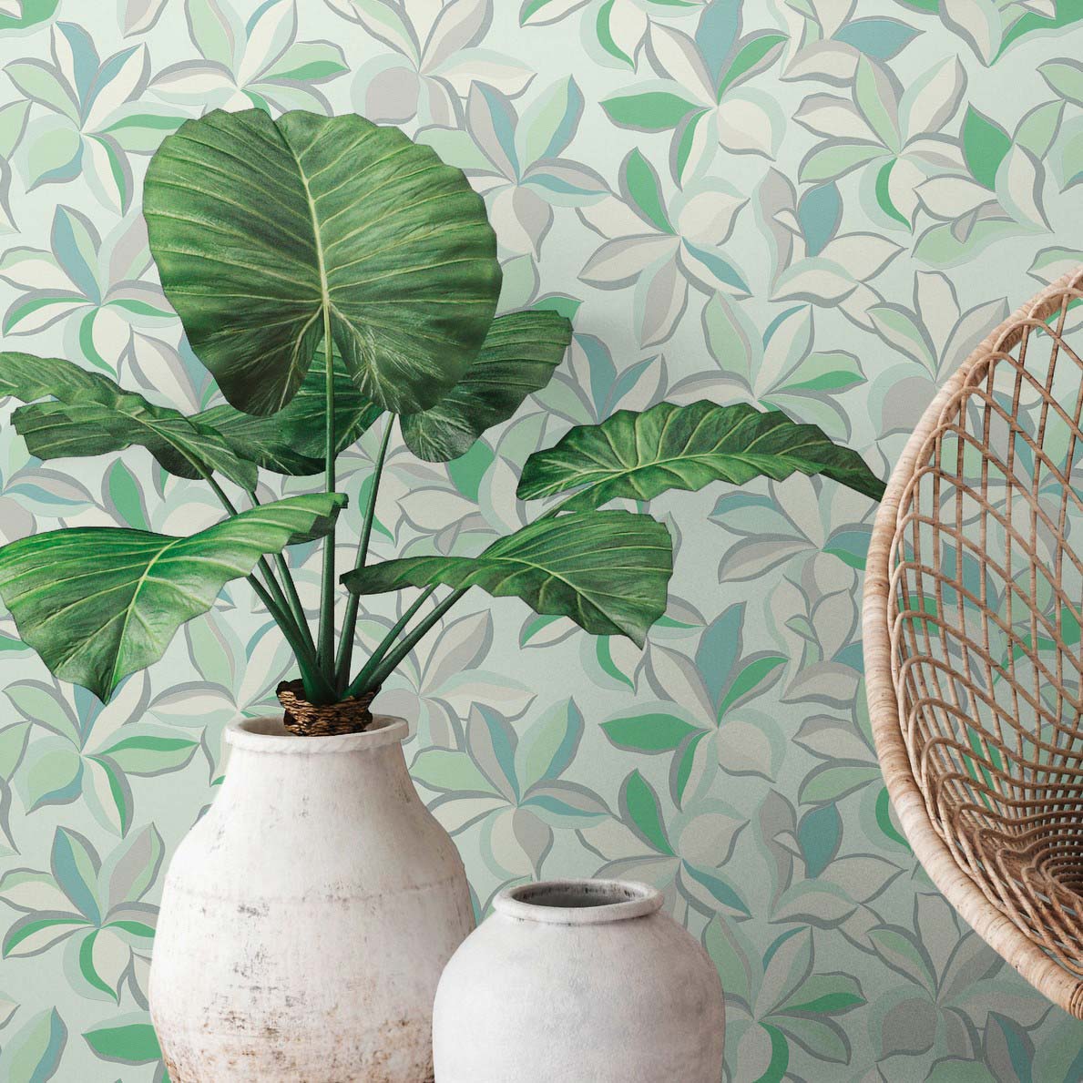 Tapeta kwiatowy wzór zielonym - 53 cm x 10.05 m - LIVINGWALLS