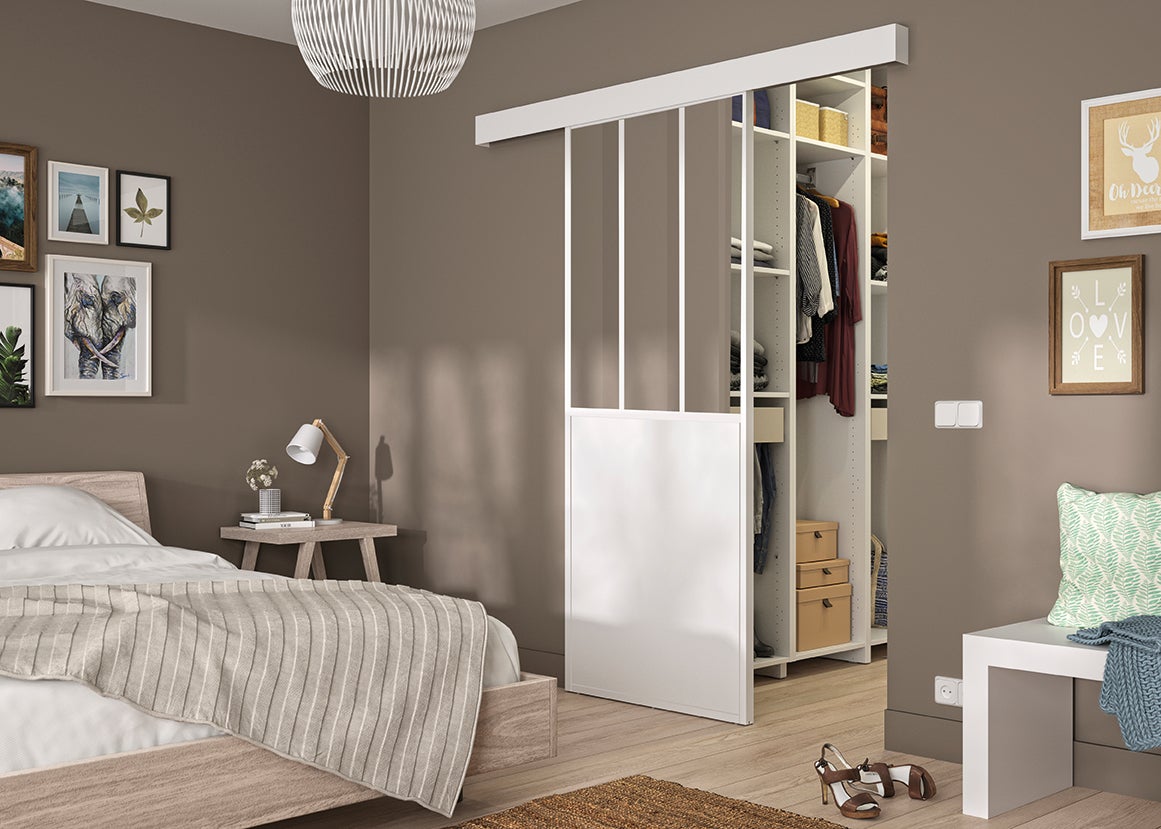 Kit porte coulissante ATELIER BLANC + rail 2 amortisseurs + cache rail