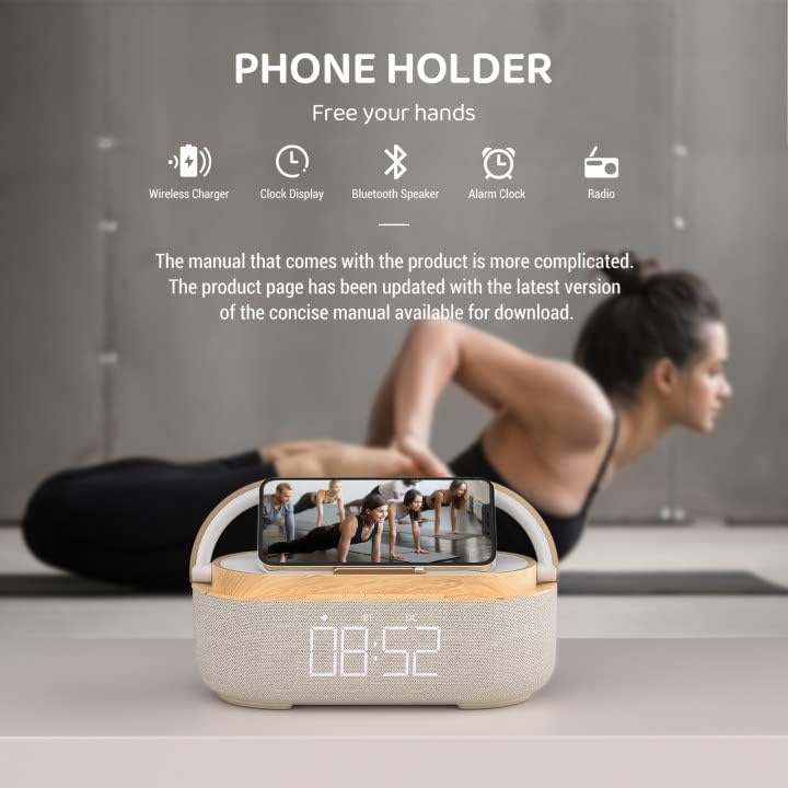 Réveil Bluetooth avec chargeur sans fil, radio FM, veilleuse LED réglable, enceinte portable 6 en 1 pour chambre à coucher, 2&nbsp;500 mAh - 6