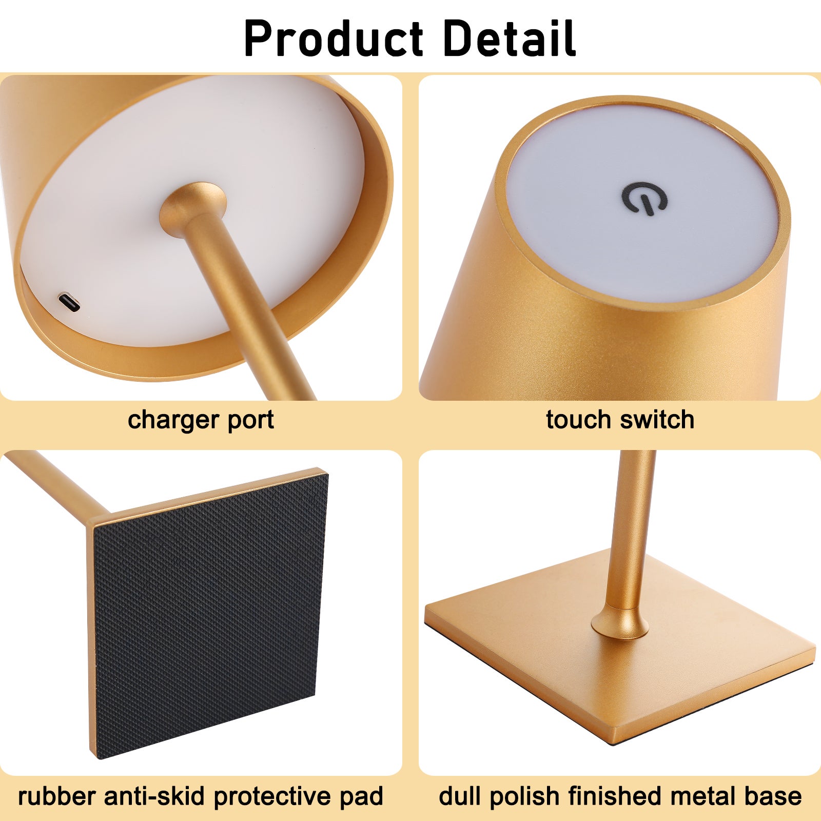 Lampe de Table Rechargeable Portable LED CCT 3000K-4000K-6000K en Aluminium Doré, IP44, 1.5W, Tactile avec Intensité Réglable - 4