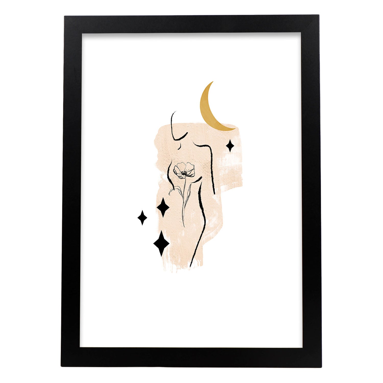 Poster con ilustracion de mujer. dibujos con formas, caras, cuerpos y gestos de mujeres. 'mujeres 25'. marco madera clara a3