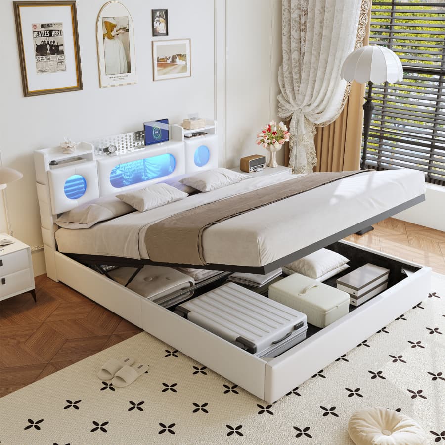 Struttura letto 140*200mm, testiera con luce LED, design silenzioso, facile da montare, PU bianco. - 4