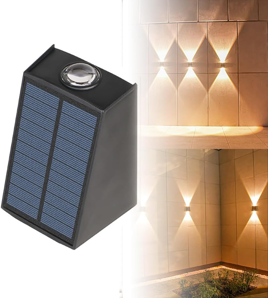 Zewnętrzna solarna lampa ścienna, wodoodporna IP65, zasilana energią słoneczną, dwutrybowe ciepłe światło (2 sztuki)