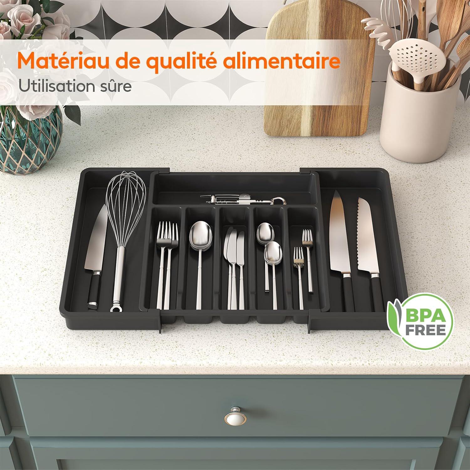 Tiroir à couverts extensible, organiseur de cuisine à tiroir réglable, plastique compact, noir - 8