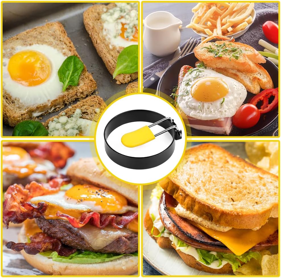 Set di quattro anelli per uova antiaderenti, anelli per uova in acciaio inossidabile con spazzola e coperchio in silicone resistente al calore - 5
