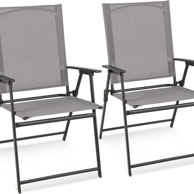 Zestaw 2 Krzeseł Ogrodowych z Tekstylenu, Metalowa Rama, Składane Krzesła z Wysokim Oparciem i Podłokietnikami, Krzesła Kempingowe do Ogrodu, Szary