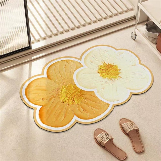 Tapis de Bain Forme Fleur, Absorbant, Séchage Rapide, Antidérapant, Entretien Facile, 40 x 60 cm, Orange et Blanc