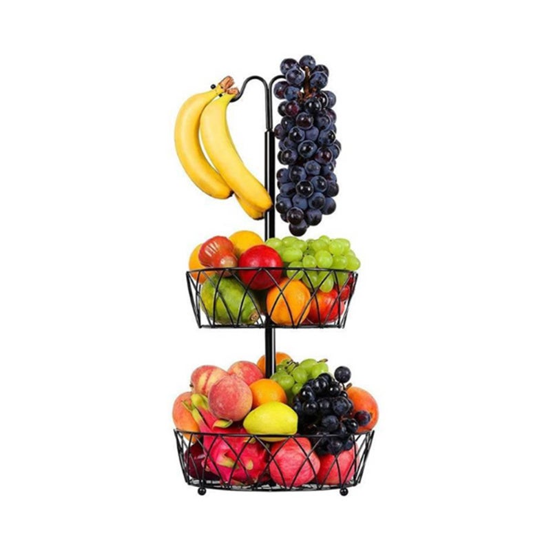 Czarny dwupoziomowy kosz na owoce, nierdzewna, kuta, żeliwna, zdejmowana półka kuchenna, 30×30×61,2 cm