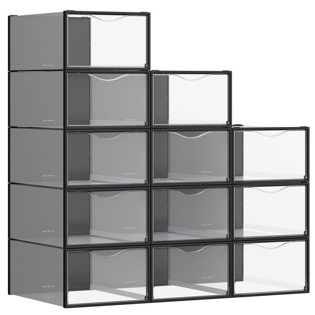 Boîtes à Chaussures, Lot de 12, Empilables, Montage Facile, 33,2 x 23 x 14,5 cm, pour Pointure jusqu'à 43, Transparentes et Noir d'Encre