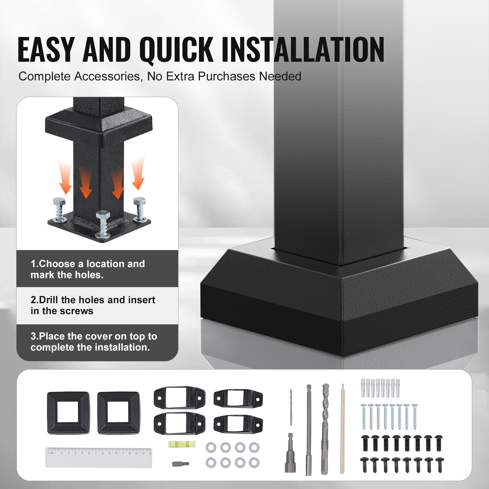 Main courante extérieure,VEVOR rampe d'escalier à 2 ou 3 marches et kit garde-corps intérieur avec kit d'installation,rampe porche et terrasse,noir - 4