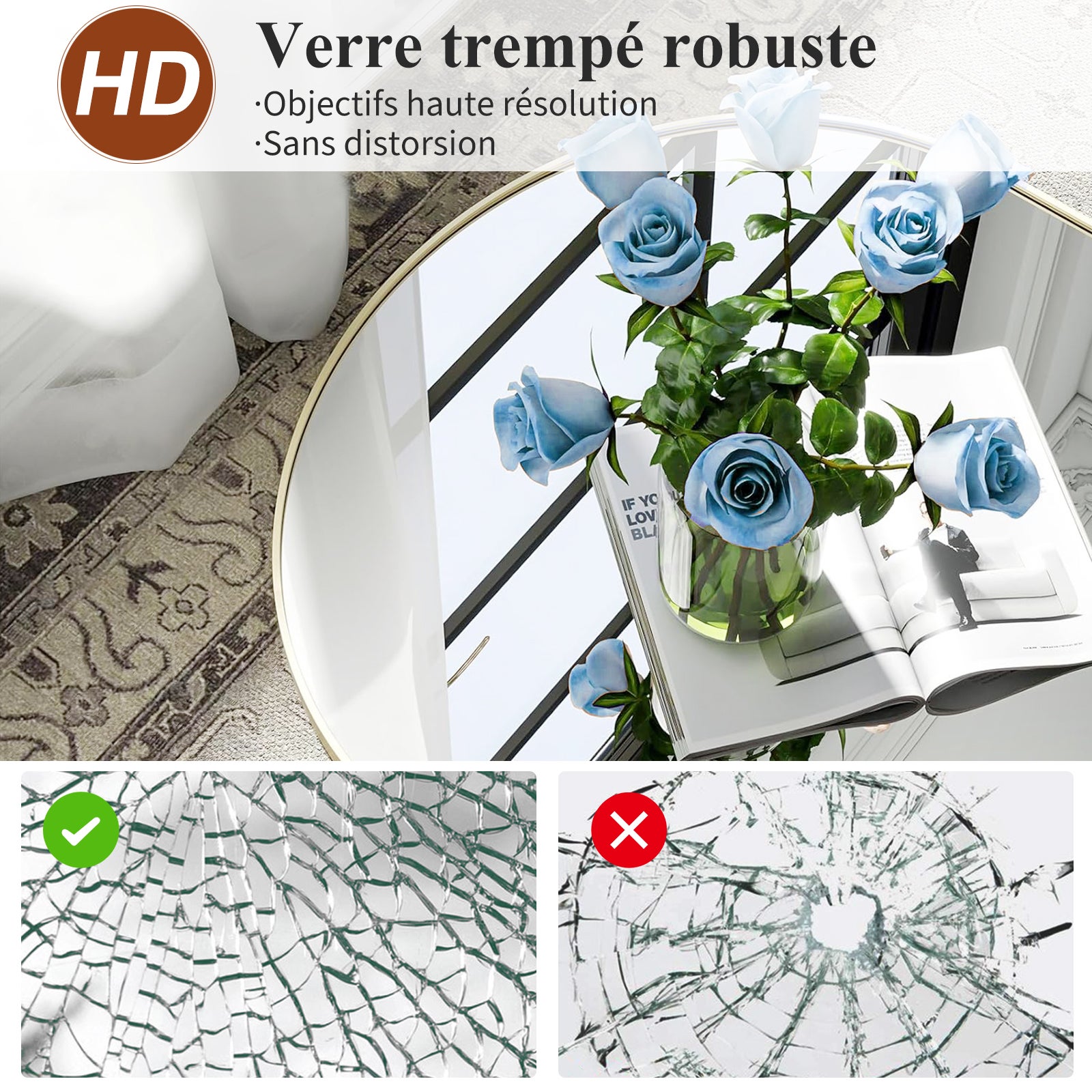 Miroir sur pied - l.53 x H.162 cm - Grand miroir incurvé HD - cadre en alliage d'aluminium - Miroir Mural haute définition en Verre Trempé - Doré - 3