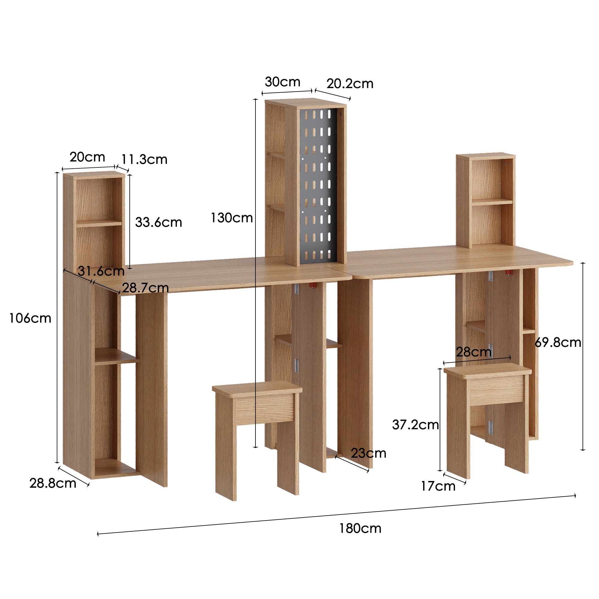 Bureau de Tables Pliables Double avec Etagères, 2 Chaises fournies, Bureau, 180x60x130, Chêne - 3
