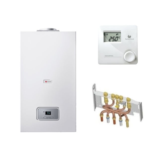 Chaudière Gaz BasNox ThemaPlus Bas-Nox Saunier Duval 25 kW / VMC Complète (Avec Douilles + Dosseret) avec Thermostat Filaire