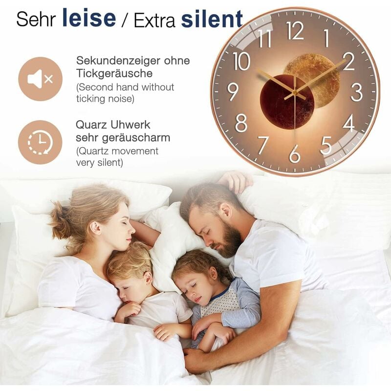 30cm Horloge Murale Design Moderne Silencieuse, Horloge Murale Mute Silencieuse Pendule Murale, Horloge Murale Digitale - Or Rose - 2