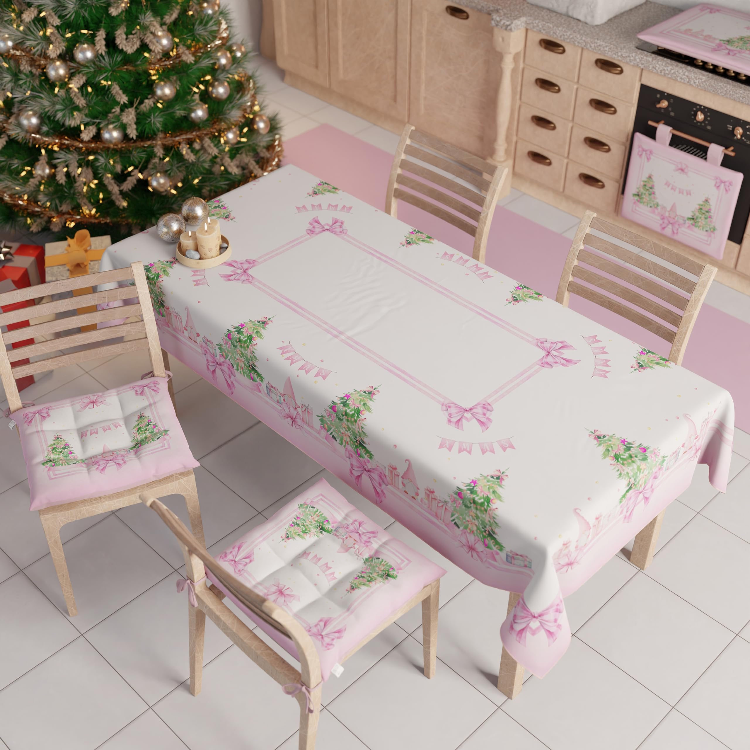PETTI Artigiani Italiani - Tovaglia Natalizia Antimacchia Rettangolare Copritavolo Natalizio Cucina Disegno Gnomo Rosa X6 Posti (140x180 cm) 100% Made - 3