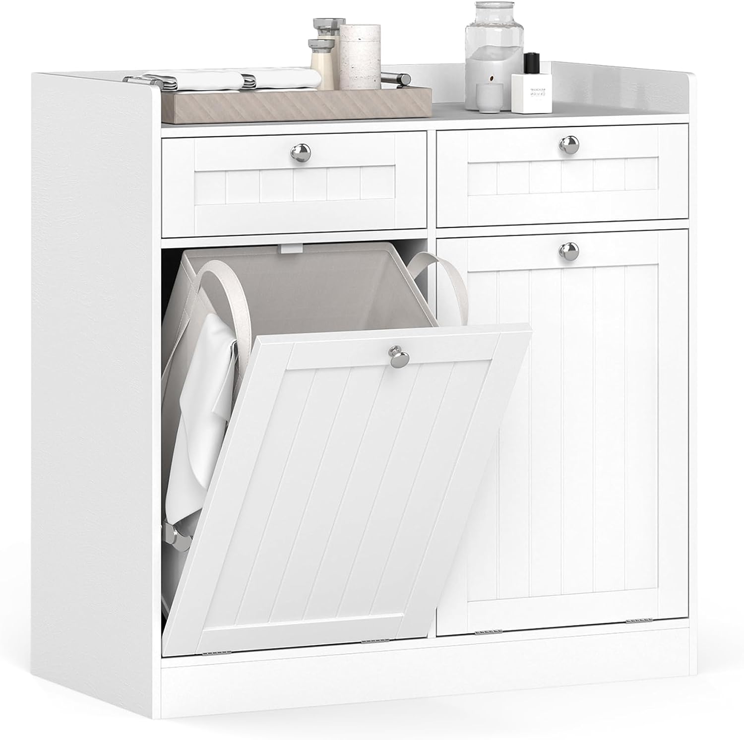Mueble de baño con 2 cajones, 2 cestas basculantes para la ropa sucia, cesta extraíble, mueble moderno de estilo rústico para lavadero, blanco.