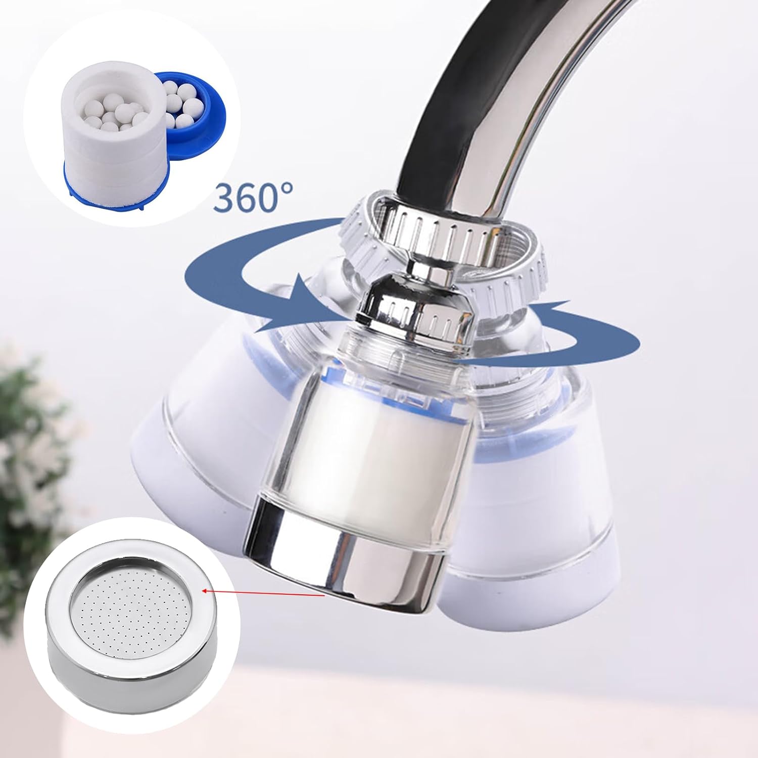 3 Pièces Filtre Robinet Anti Calcaire Rotatif À 360°, Transparent, Avec 6 Éléments Filtrants En Coton Pp, Filtre Robinet Pour Maison, Cuisine, Salle D - 2
