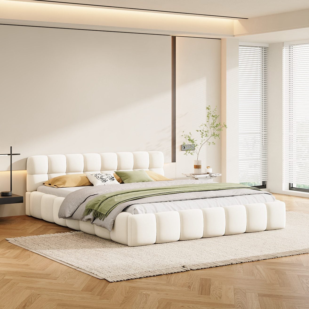 Cama doble 160x200 cm con cabecero forma nube, somier de láminas de madera, estructura metálica, cama acolchada de algodón y lino beige - 3