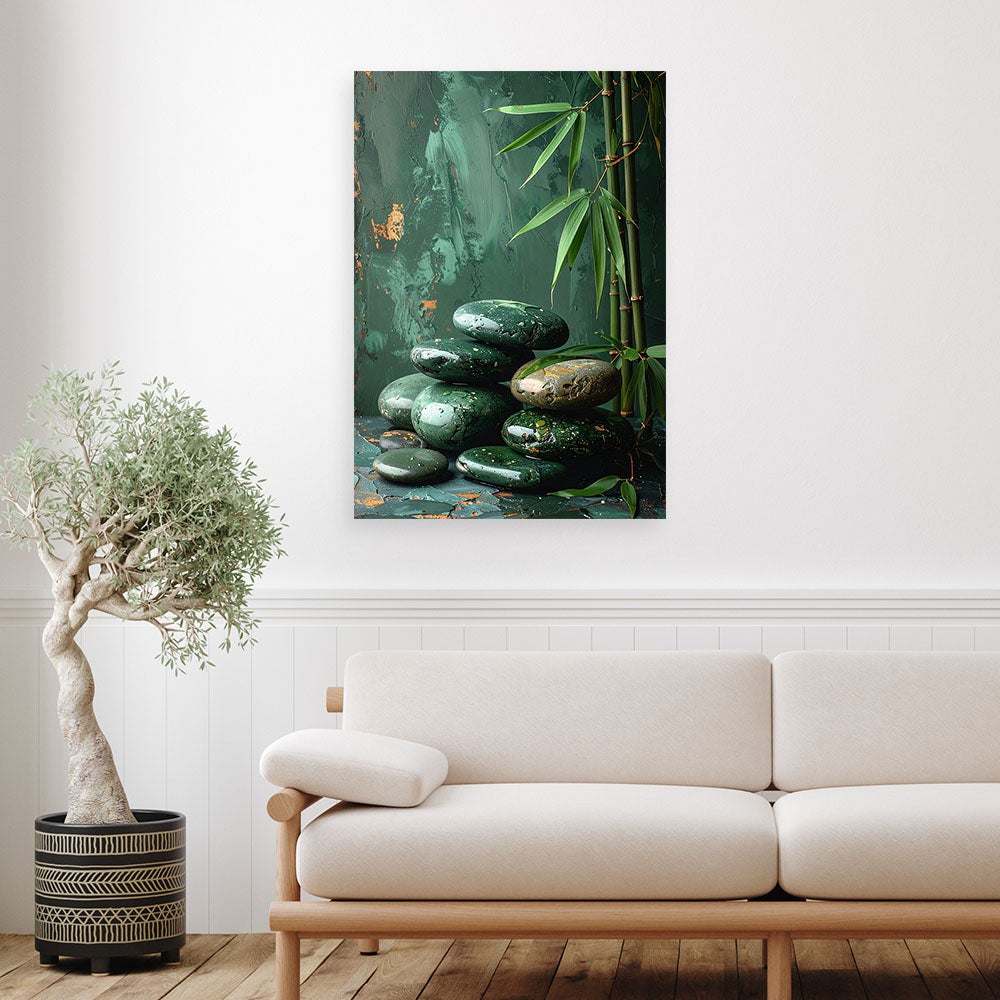 Obraz do salonu sypialni biura, Kamienie zen bambus na zielonym tle 60x90 - 2