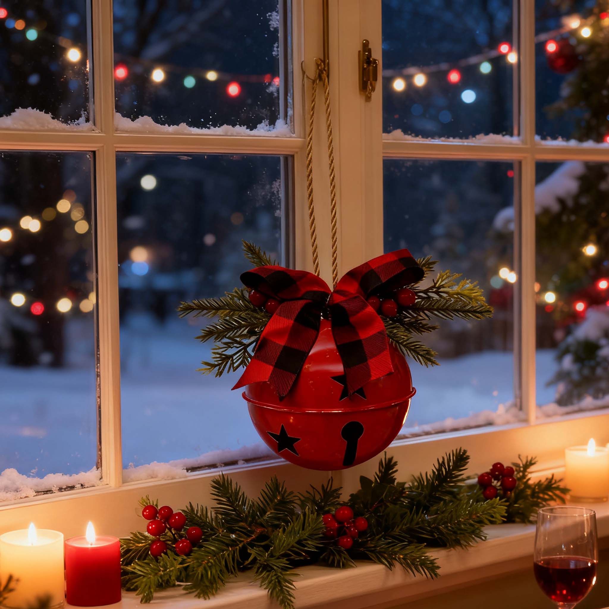 Cloche de Noël rouge et dorée – Décoration vibrante en fonte avec nœud écossais pour porte, fenêtre ou arbre de Noël – Élégance festive - 5