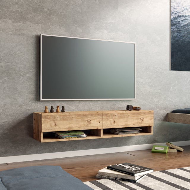 Mueble TV Colgante Selsey Wander 180 Cm Color Roble Dorado - Con LED, Almacenamiento Y Diseño Moderno Para Salón