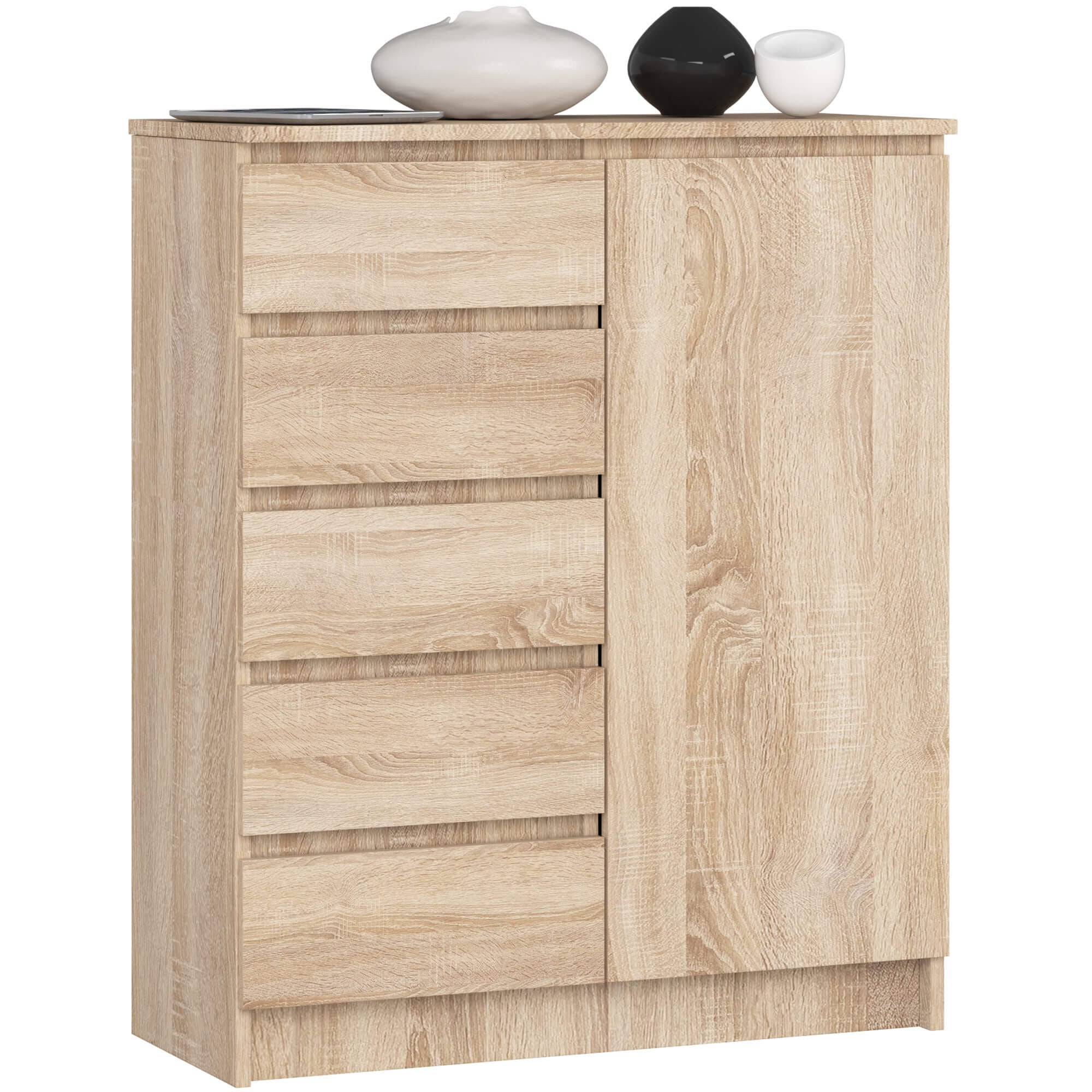 Komoda AKORD K80 Dąb Sonoma 80 cm 1 drzwi 5 szuflad kolor Dąb Sonoma mat 3 półki 80x35x97 cm