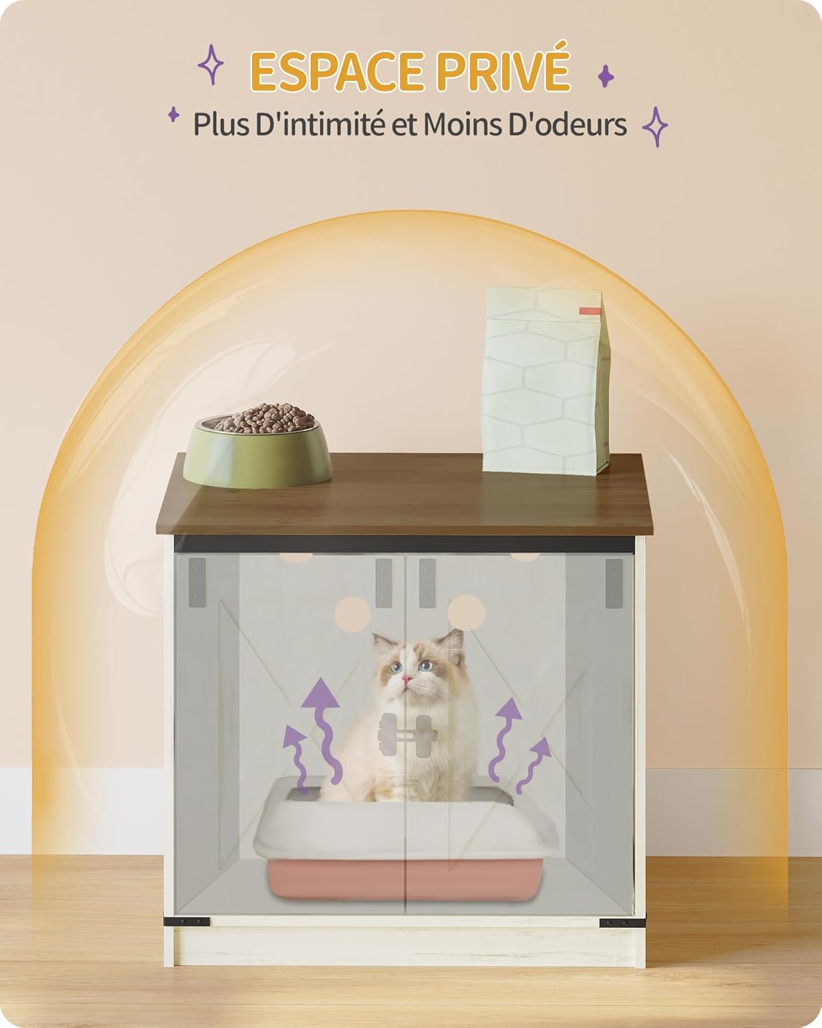 Caixa de areia para gatos, armário para areia com divisória amovível, casota para gatos, entrada reversível (esquerda ou direita), castanho e branco. - 4