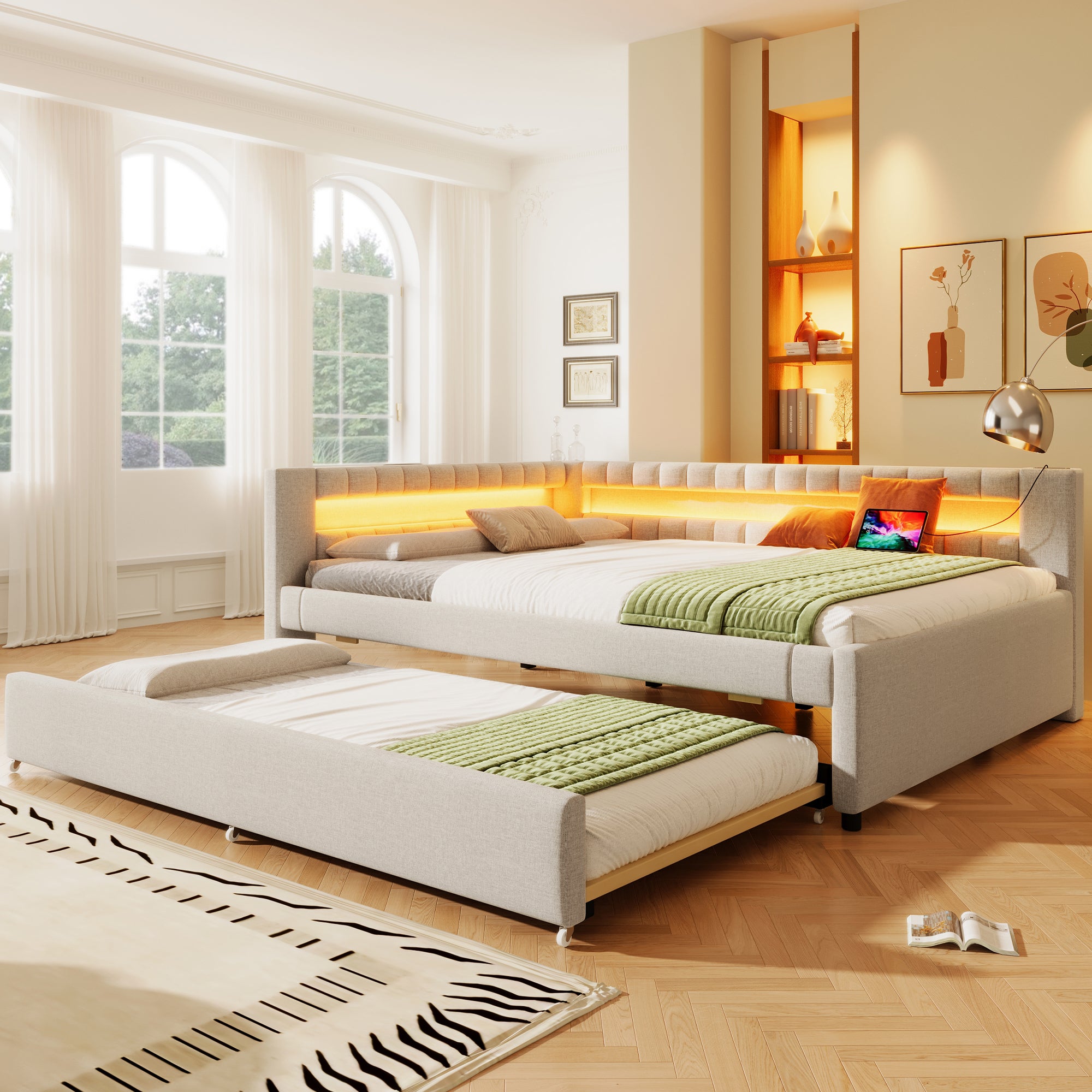 Łóżko wysuwane 140 x 200 cm + 190 x 90 cm z zagłówkiem w kształcie litery L - Tkanina lniana - Diody LED + porty USB i typu C - Beżowe