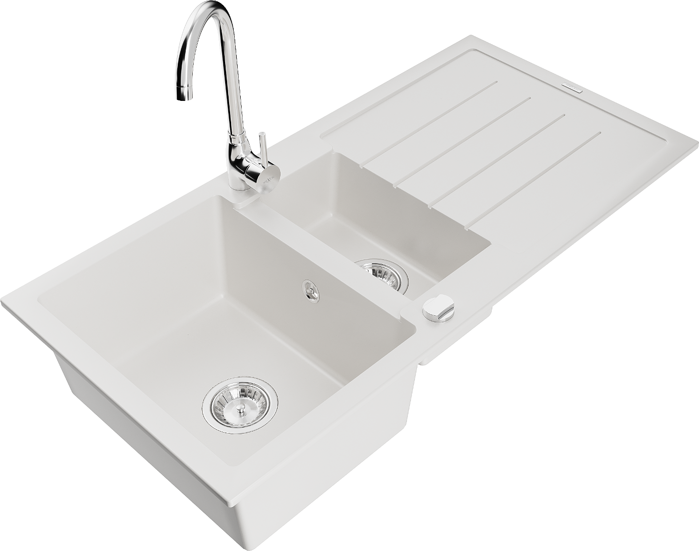 Mexen Andres zlewozmywak granitowy 1,5-komorowy z ociekaczem i baterią kuchenną Telma, biały - 6515-20-670200-00