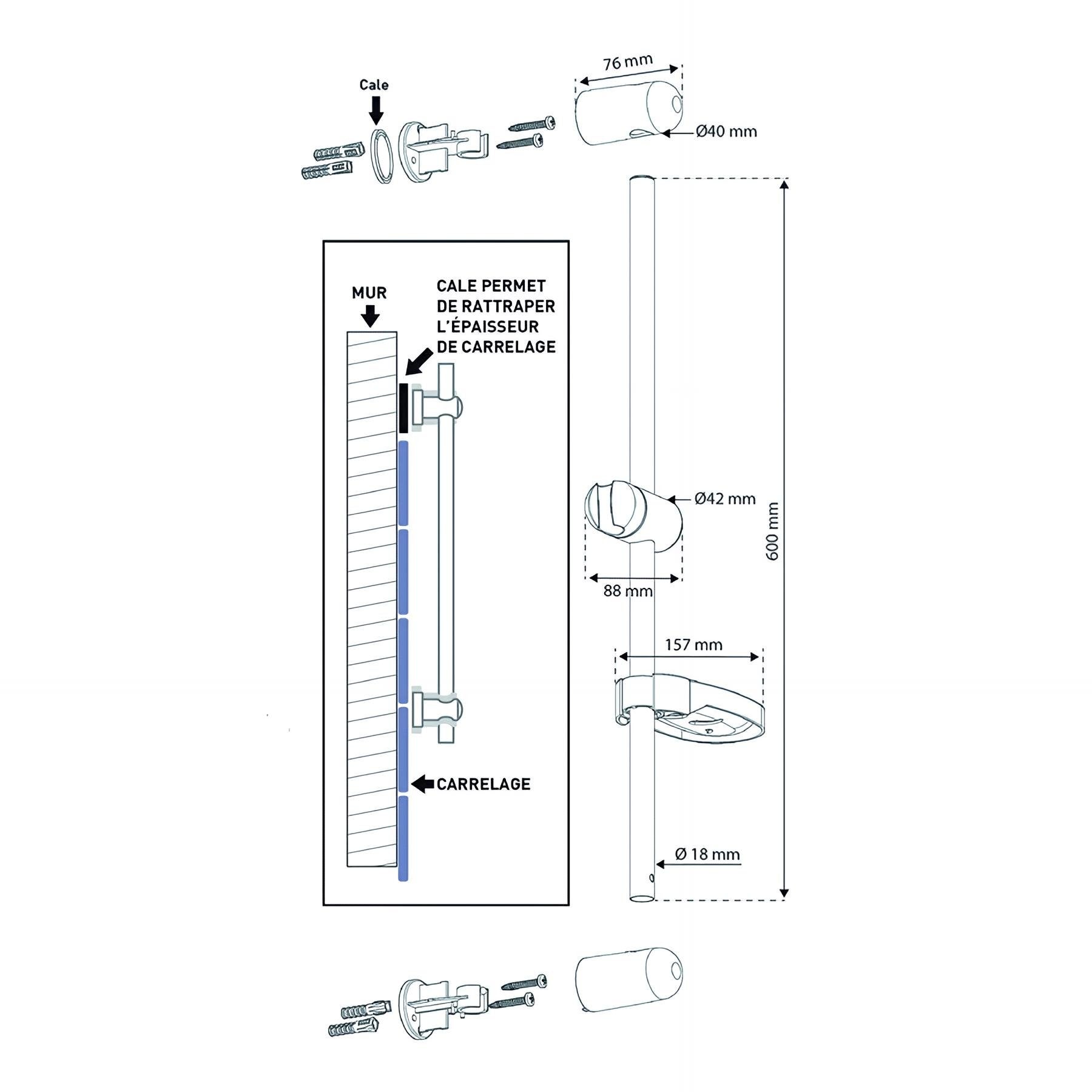 Ensemble de Douche Morgane 3 Jets - Barre 600 mm - Flexible 1,75 m - Chromé - 3