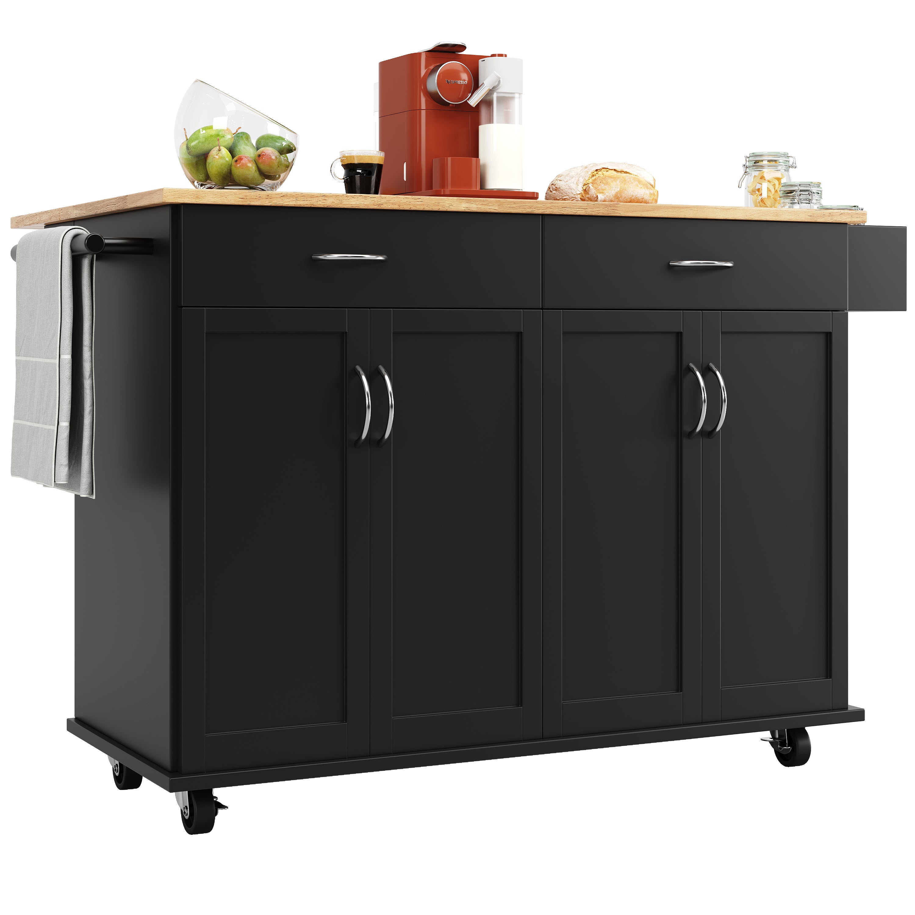 Ilot central de cuisine - chariot à roulette avec plateau extensible - 2 tiroirs et 4 portes - Noir - 9