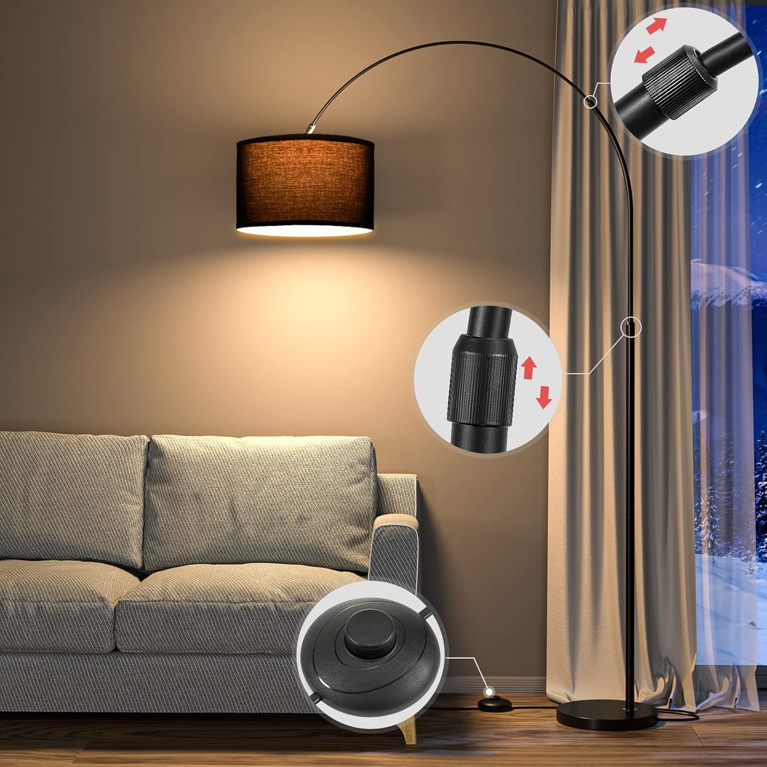 Lampadaire Arc Moderne, LED E27 9W 3000K, Abat-Jour Noir 33cm, Interrupteur au Pied, Structure Métallique, Pour Salon, Bureau, Hôtel - 3