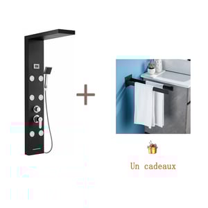 Panneau Colonne Douche Hydromassante,avec 6 Grandes Buses Massants,Écran LCD+Porte Serviette Salle Bain Adhésif/Perçage,Barres Porte Serviettes,Noir