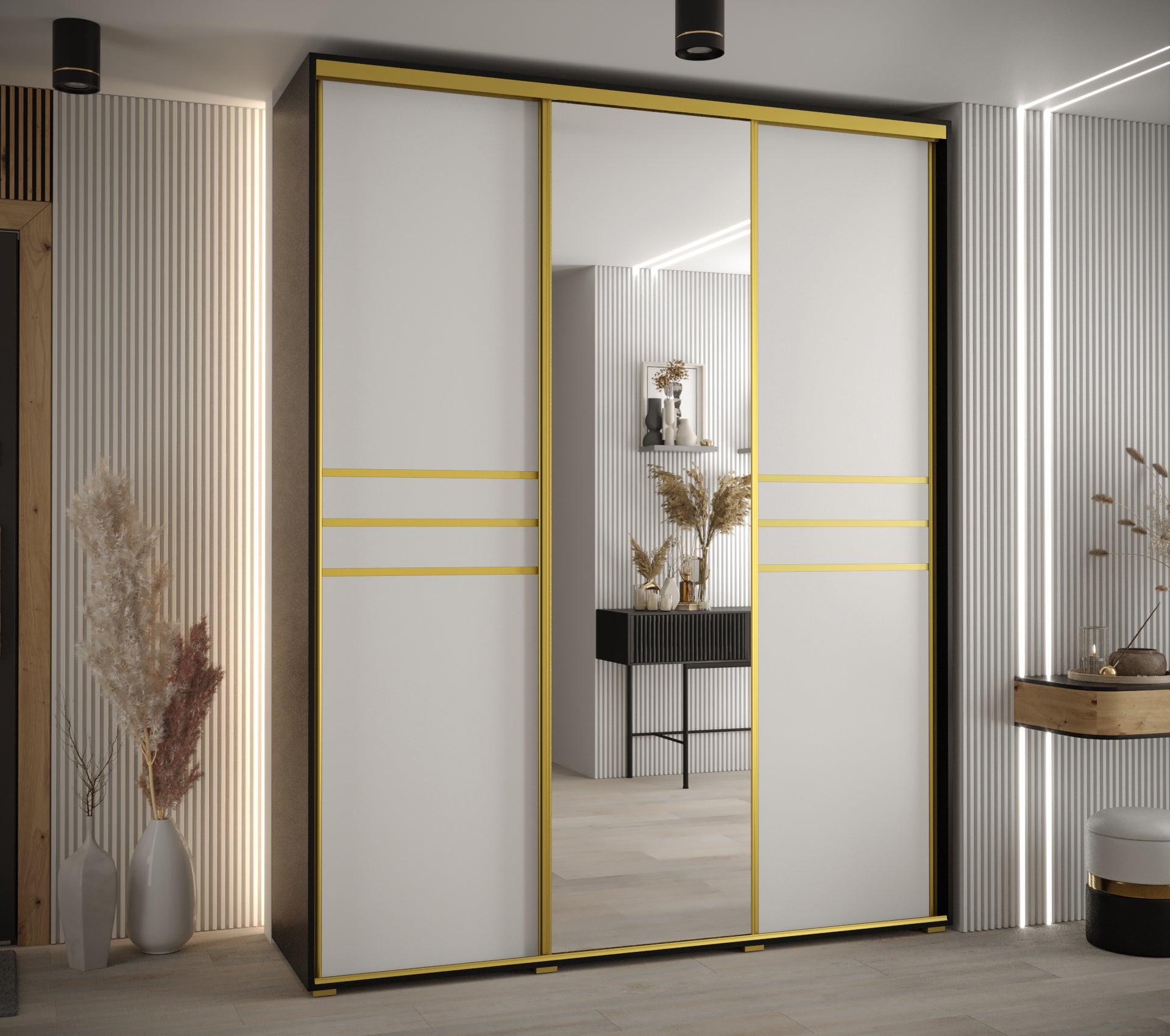Szafa przesuwna z lustrem wysoka Davos 11 200 x 45 x 235,2 cm czarny + biały + u. złoty - Abiks Meble - 2