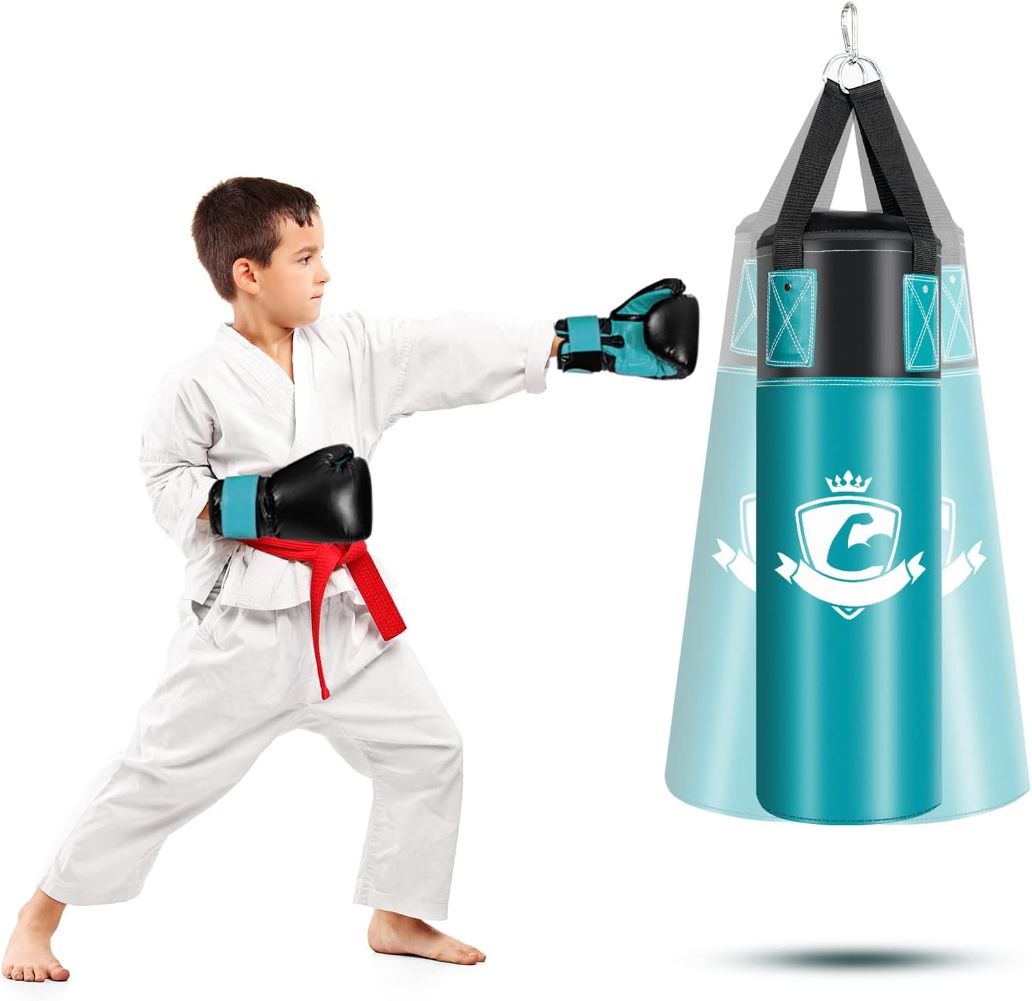 Jayefo Set di sacco da boxe per bambini, 5 pezzi con sacco da boxe e guanti R-6 per MMA, kickboxing, muay thai e karate, cinghie regolabili per appendere la lunghezza inclusa, il