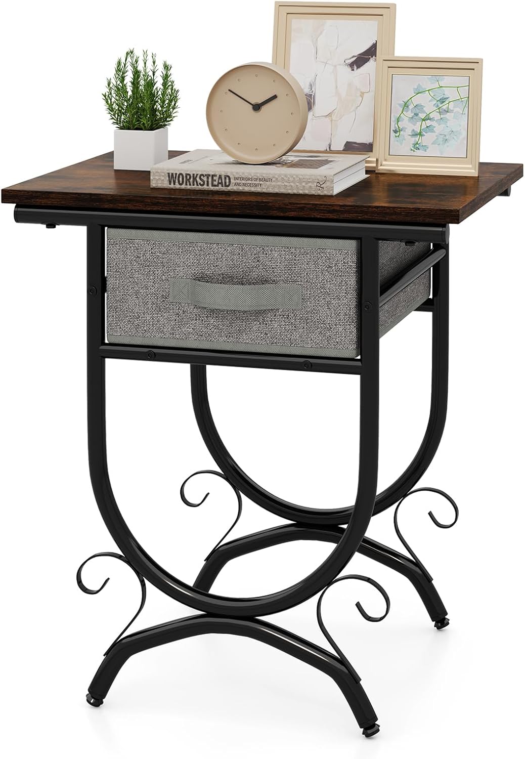 Stolik nocny z szufladą z materiału, stolik pomocniczy z metalową ramą, stolik do sofy, komoda nocna do salonu, sypialni, 48 x 35 x 53 cm