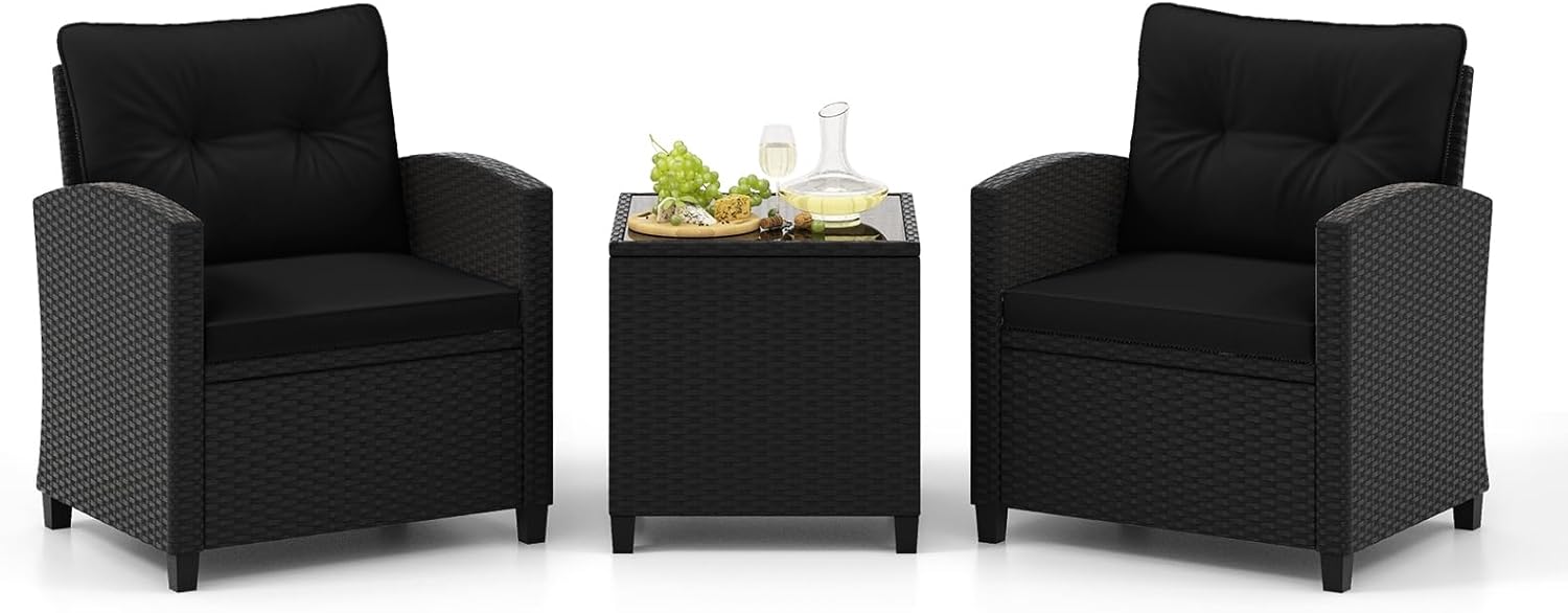 Set de mobilier de terasă din ratan, 3 piese, cu capacitate încărcare 180 kg, mobilier grădină 2 fotolii joasă, pentru curtea piscină (negru+negru)