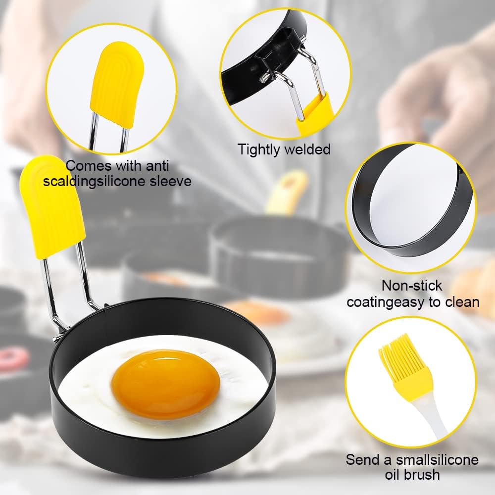 Set di quattro anelli per uova antiaderenti, anelli per uova in acciaio inossidabile con spazzola e coperchio in silicone resistente al calore - 4