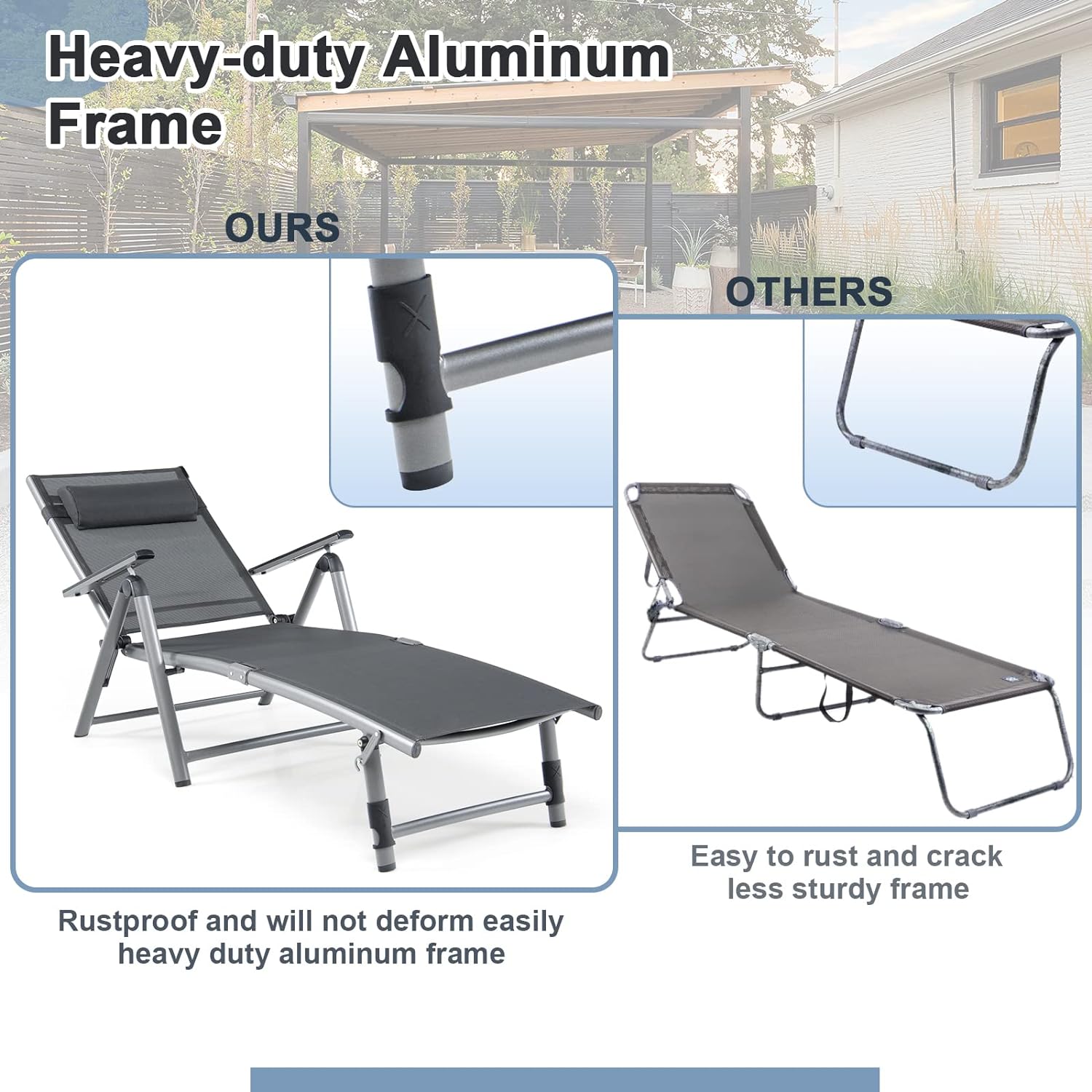 Chaise Longue Pliable en Aluminium avec Dossier Réglable en 8 Positions, Transat Inclinable Extérieur avec Pieds Antidérapants à 2 Positions - 4