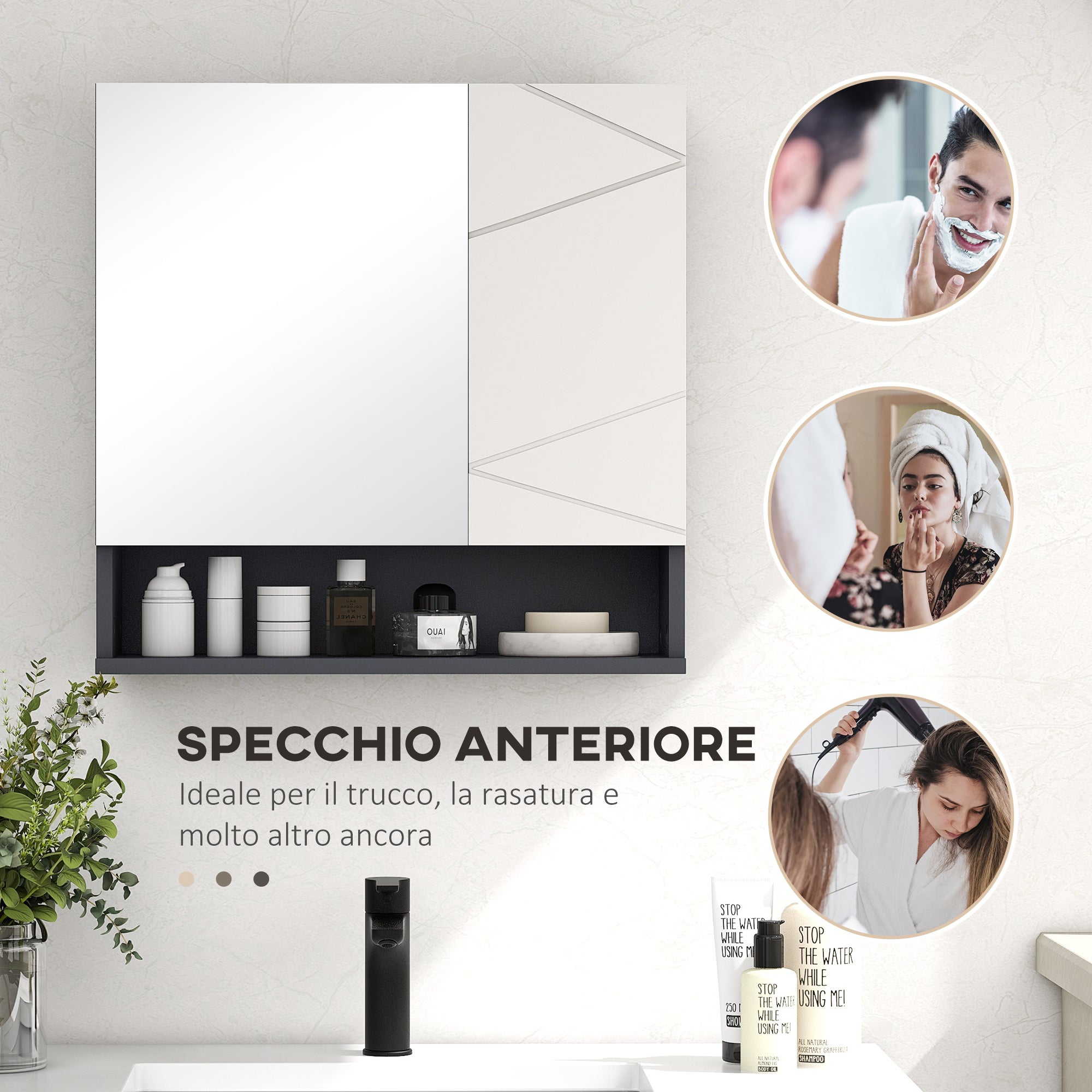 kleankin Armadietto con Specchiera Bagno a 2 Ante e Mensole Regolabili in Legno, 55x17x55cm, Grigio - 6