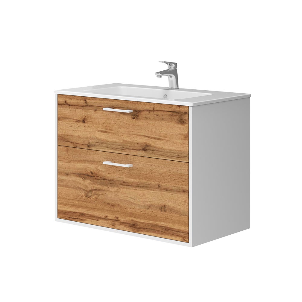 Vicco Zestaw mebli łazienkowych Lanco, Biały/złoty dąb, 80 x 61.5 cm z umywalką