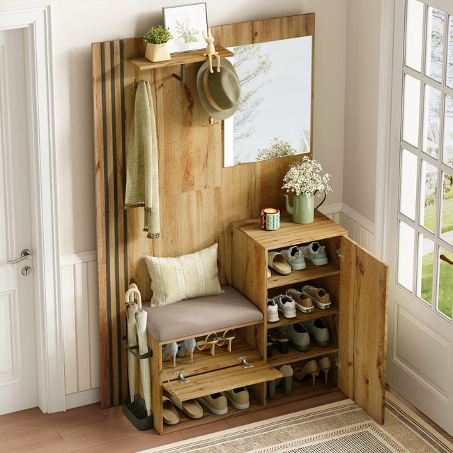 Mueble de entrada con banco y espejo - Mueble de pasillo funcional con ...