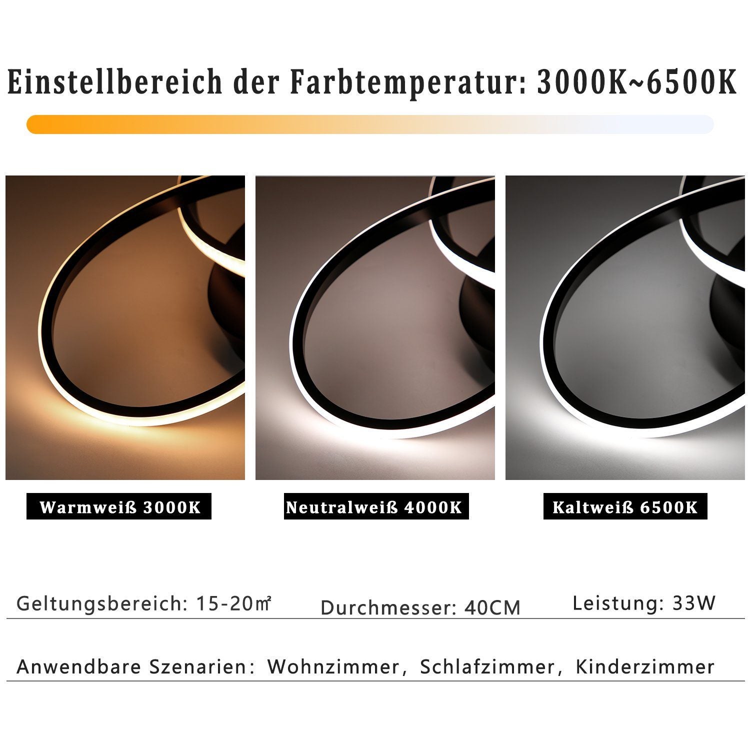 NETTLIFE Lampa sufitowa LED ściemnialna 33W Czarna lampa z pilotem Nowoczesna lampa do sypialni 40cm do salonu, przedpokoju, gabinetu - 4