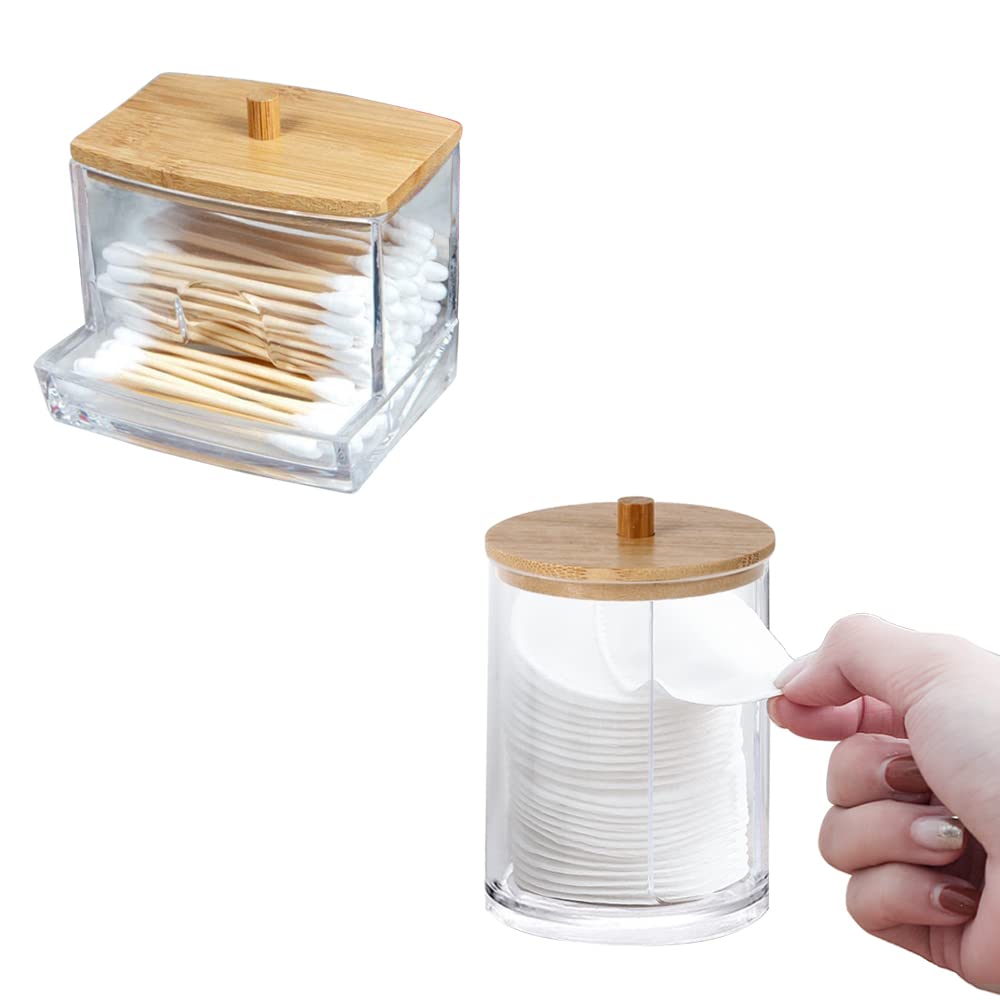 Boîte à Coton Tige 3 Pièces Distributeur de Coton à Démaquiller Boîte Coton Tige Transparent Supports en Acrylique avec Couvercles en Bambou Boîte - 4
